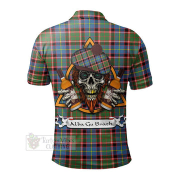 Glass Tartan Polo Shirt with Family Crest and Bearded Skull Holding Bottles of Whiskey - Tartan Vibes Clothing