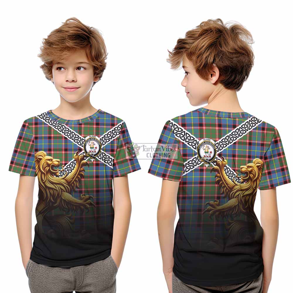 Glass Crest Tartan Kid T-Shirt with Golden Lion Emblem Celtic Style - Tartan Vibes Clothing