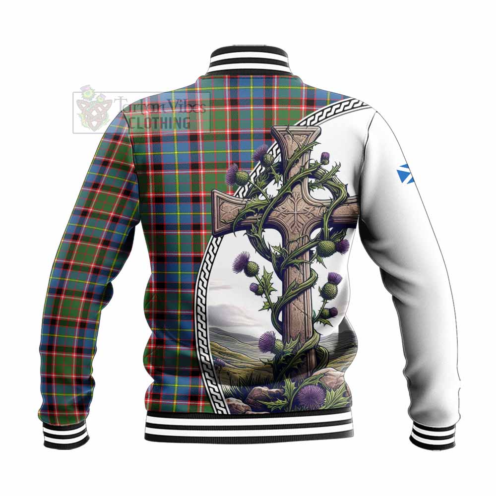 Glass Tartan Baseball Jacket with Family Crest and St. Andrew's Cross Accented by Thistle Vines - Tartan Vibes Clothing