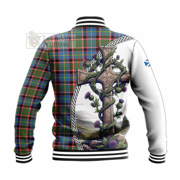 Glass Tartan Baseball Jacket with Family Crest and St. Andrew's Cross Accented by Thistle Vines - Tartan Vibes Clothing