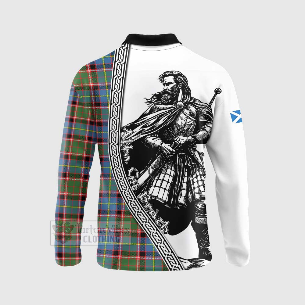Glass Tartan Clan Crest Long Sleeve Polo Shirt with Highlander Warrior Celtic Style - Tartan Vibes Clothing