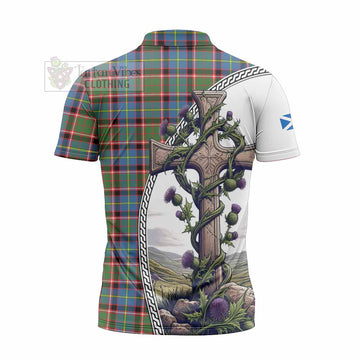 Glass Tartan Zipper Polo Shirt with Family Crest and St. Andrew's Cross Accented by Thistle Vines - Tartan Vibes Clothing