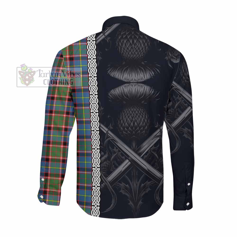 Tartan Vibes Clothing Glass Tartan Long Sleeve Button Shirt with Family Crest Cross Sword Thistle Celtic Vibes