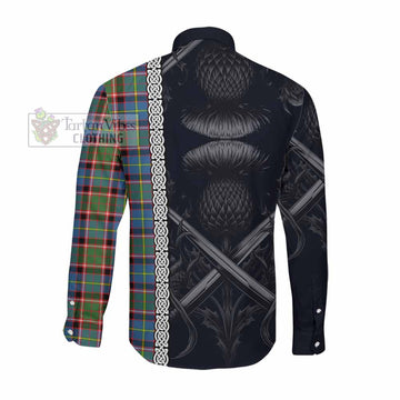 Tartan Vibes Clothing Glass Tartan Long Sleeve Button Shirt with Family Crest Cross Sword Thistle Celtic Vibes