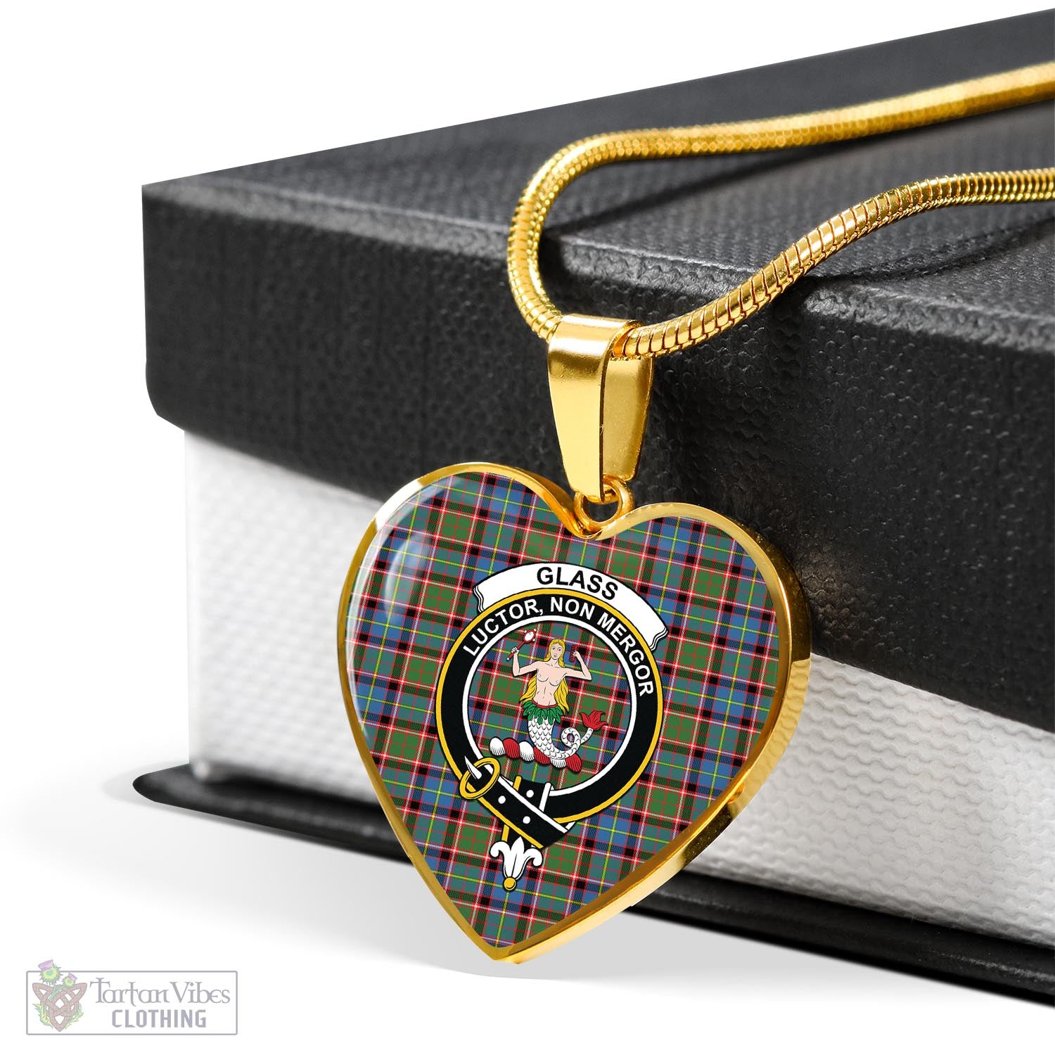 Glass Tartan Heart Necklace with Family Crest - Tartan Vibes Clothing