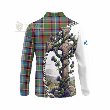 Glass Tartan Long Sleeve Polo Shirt with Family Crest and St. Andrew's Cross Accented by Thistle Vines - Tartan Vibes Clothing