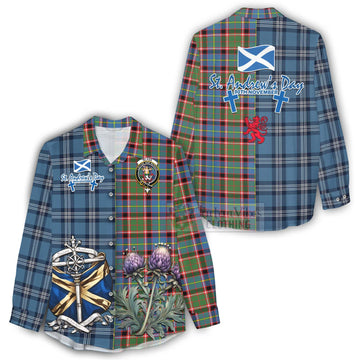 Glass Tartan Women's Casual Shirt Happy St. Andrew's Day Half Tartan Style - Tartan Vibes Clothing