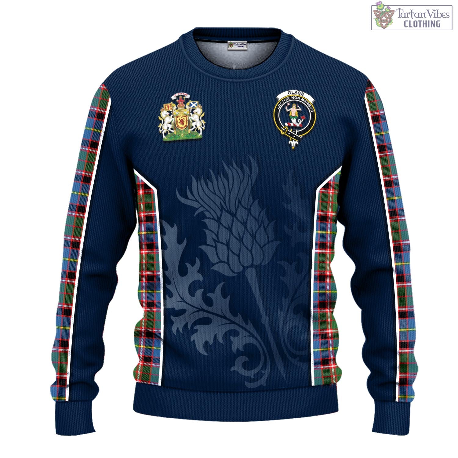 Glass Tartan Knitted Sweatshirt with Family Crest and Scottish Thistle Vibes Sport Style - Tartan Vibes Clothing
