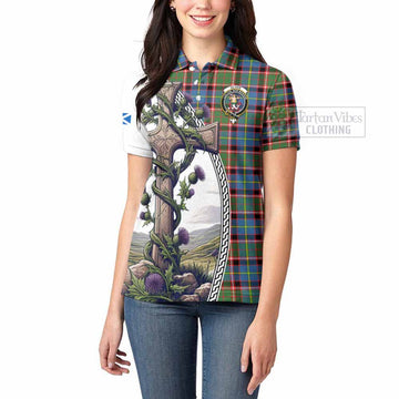 Glass Tartan Women's Polo Shirt with Family Crest and St. Andrew's Cross Accented by Thistle Vines - Tartan Vibes Clothing