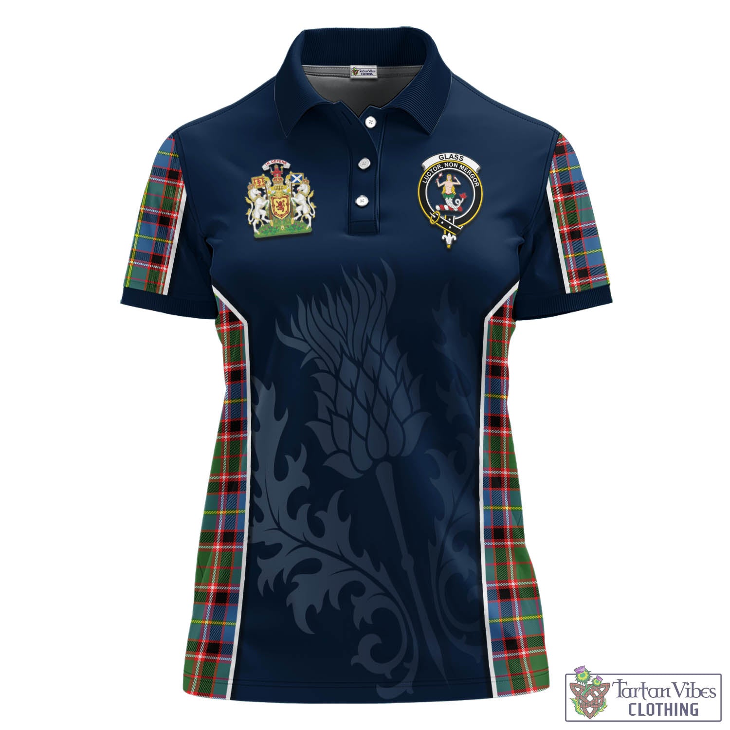 Tartan Vibes Clothing Glass Tartan Women's Polo Shirt with Family Crest and Scottish Thistle Vibes Sport Style