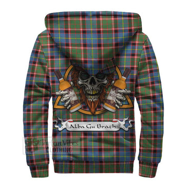 Glass Tartan Sherpa Hoodie with Family Crest and Bearded Skull Holding Bottles of Whiskey - Tartan Vibes Clothing