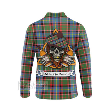 Glass Tartan Long Sleeve Polo Shirt with Family Crest and Bearded Skull Holding Bottles of Whiskey - Tartan Vibes Clothing