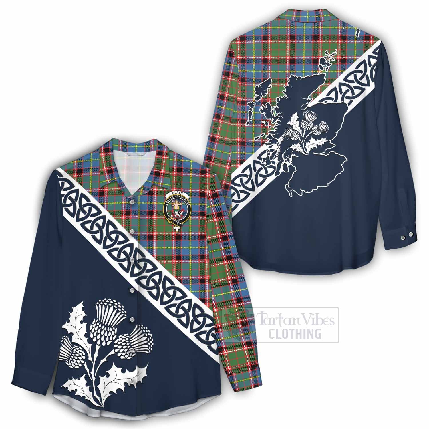 Glass Tartan Women's Casual Shirt Featuring Thistle and Scotland Map - Tartan Vibes Clothing