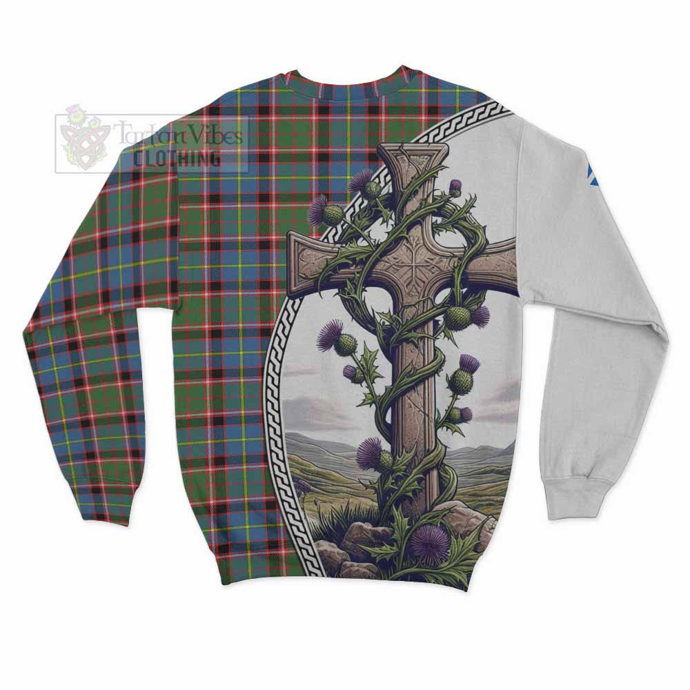 Glass Tartan Sweatshirt with Family Crest and St. Andrew's Cross Accented by Thistle Vines - Tartan Vibes Clothing