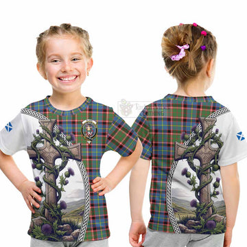 Glass Tartan Kid T-Shirt with Family Crest and St. Andrew's Cross Accented by Thistle Vines - Tartan Vibes Clothing