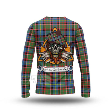 Glass Tartan Long Sleeve T-Shirt with Family Crest and Bearded Skull Holding Bottles of Whiskey - Tartan Vibes Clothing