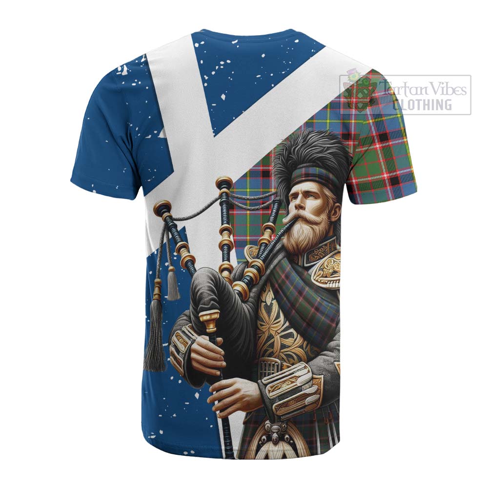Tartan Vibes Clothing Glass Tartan Cotton T-shirt with Family Crest Scottish Bagpiper Vibes