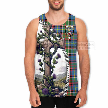 Glass Tartan Men's Tank Top with Family Crest and St. Andrew's Cross Accented by Thistle Vines - Tartan Vibes Clothing