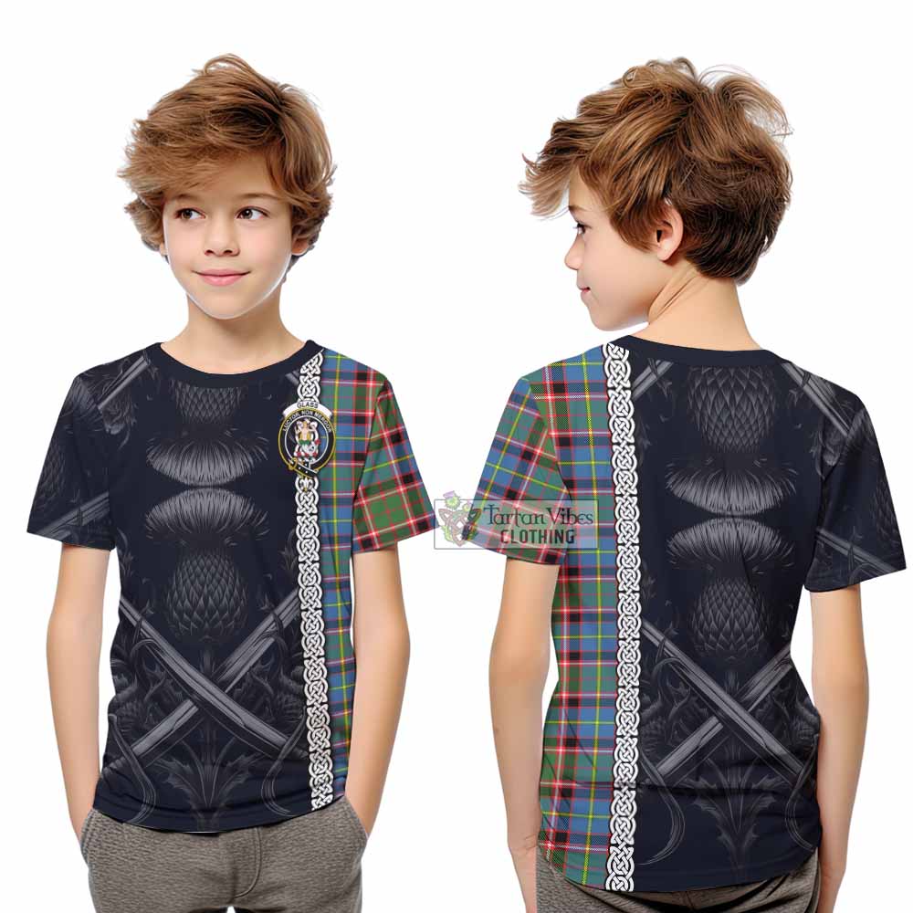 Glass Tartan Kid T-Shirt with Family Crest Cross Sword Thistle Celtic Vibes - Tartan Vibes Clothing