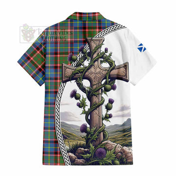 Glass Tartan Hawaiian Shirt with Family Crest and St. Andrew's Cross Accented by Thistle Vines - Tartan Vibes Clothing