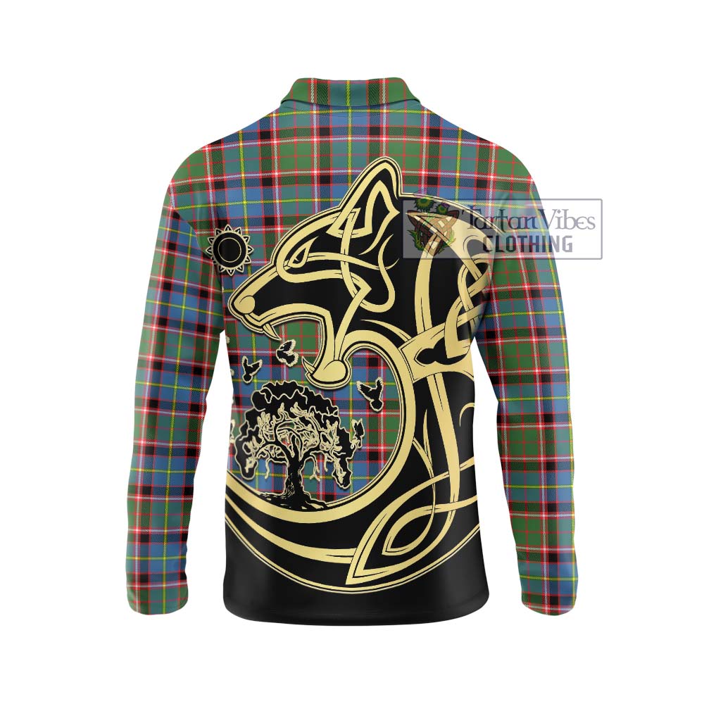 Glass Tartan Long Sleeve Polo Shirt with Family Crest Celtic Wolf Style - Tartan Vibes Clothing