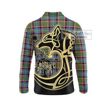 Glass Tartan Long Sleeve Polo Shirt with Family Crest Celtic Wolf Style - Tartan Vibes Clothing