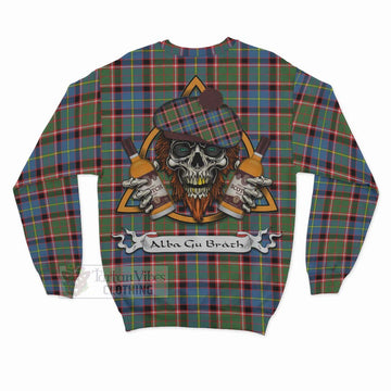 Glass Tartan Sweatshirt with Family Crest and Bearded Skull Holding Bottles of Whiskey - Tartan Vibes Clothing