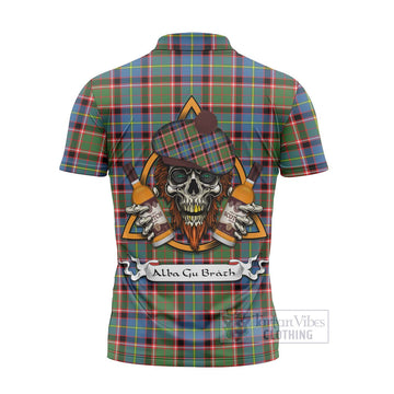 Glass Tartan Zipper Polo Shirt with Family Crest and Bearded Skull Holding Bottles of Whiskey - Tartan Vibes Clothing