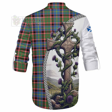 Glass Tartan Ghillie Kilt Shirt with Family Crest and St. Andrew's Cross Accented by Thistle Vines - Tartan Vibes Clothing