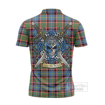 Glass Tartan Zipper Polo Shirt with Family Crest Celtic Skull Style - Tartan Vibes Clothing