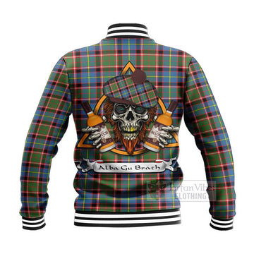 Glass Tartan Baseball Jacket with Family Crest and Bearded Skull Holding Bottles of Whiskey - Tartan Vibes Clothing