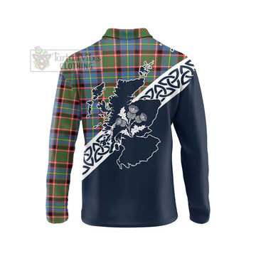 Glass Tartan Long Sleeve Polo Shirt Featuring Thistle and Scotland Map - Tartan Vibes Clothing