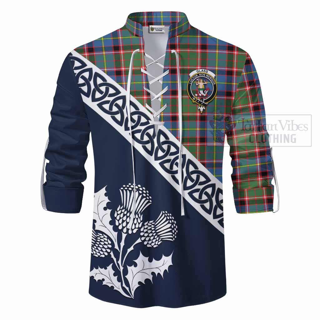 Glass Tartan Ghillie Kilt Shirt Featuring Thistle and Scotland Map - Tartan Vibes Clothing