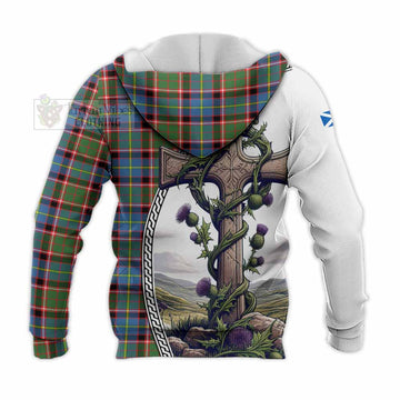 Glass Tartan Knitted Hoodie with Family Crest and St. Andrew's Cross Accented by Thistle Vines - Tartan Vibes Clothing