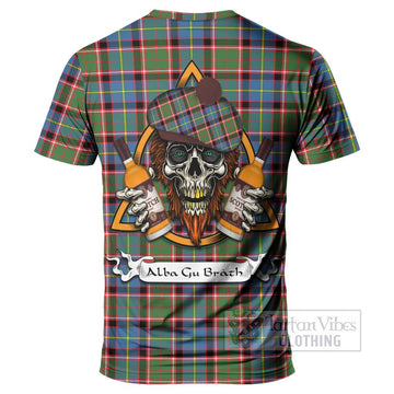 Glass Tartan T-Shirt with Family Crest and Bearded Skull Holding Bottles of Whiskey - Tartan Vibes Clothing