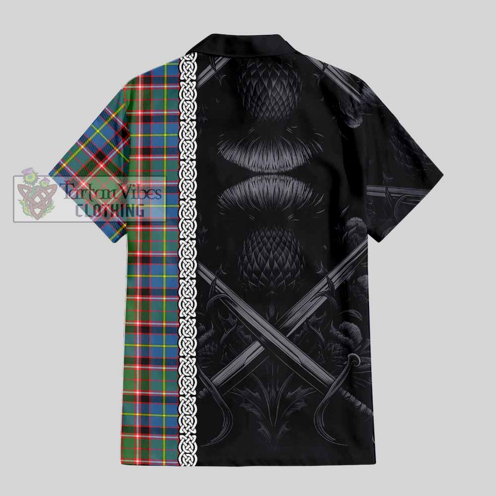 Glass Tartan Hawaiian Shirt with Family Crest Cross Sword Thistle Celtic Vibes - Tartan Vibes Clothing