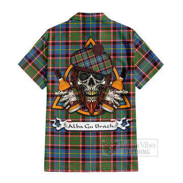 Glass Tartan Hawaiian Shirt with Family Crest and Bearded Skull Holding Bottles of Whiskey - Tartan Vibes Clothing