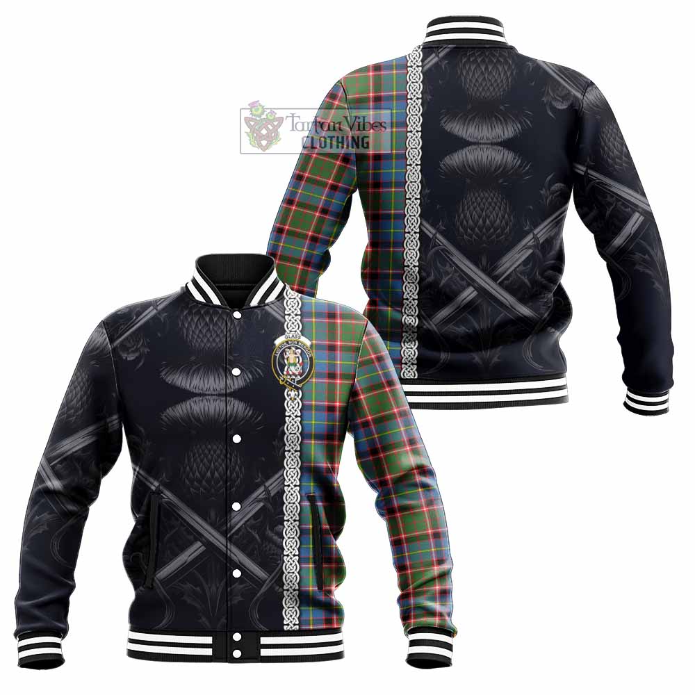 Glass Tartan Baseball Jacket with Family Crest Cross Sword Thistle Celtic Vibes - Tartan Vibes Clothing
