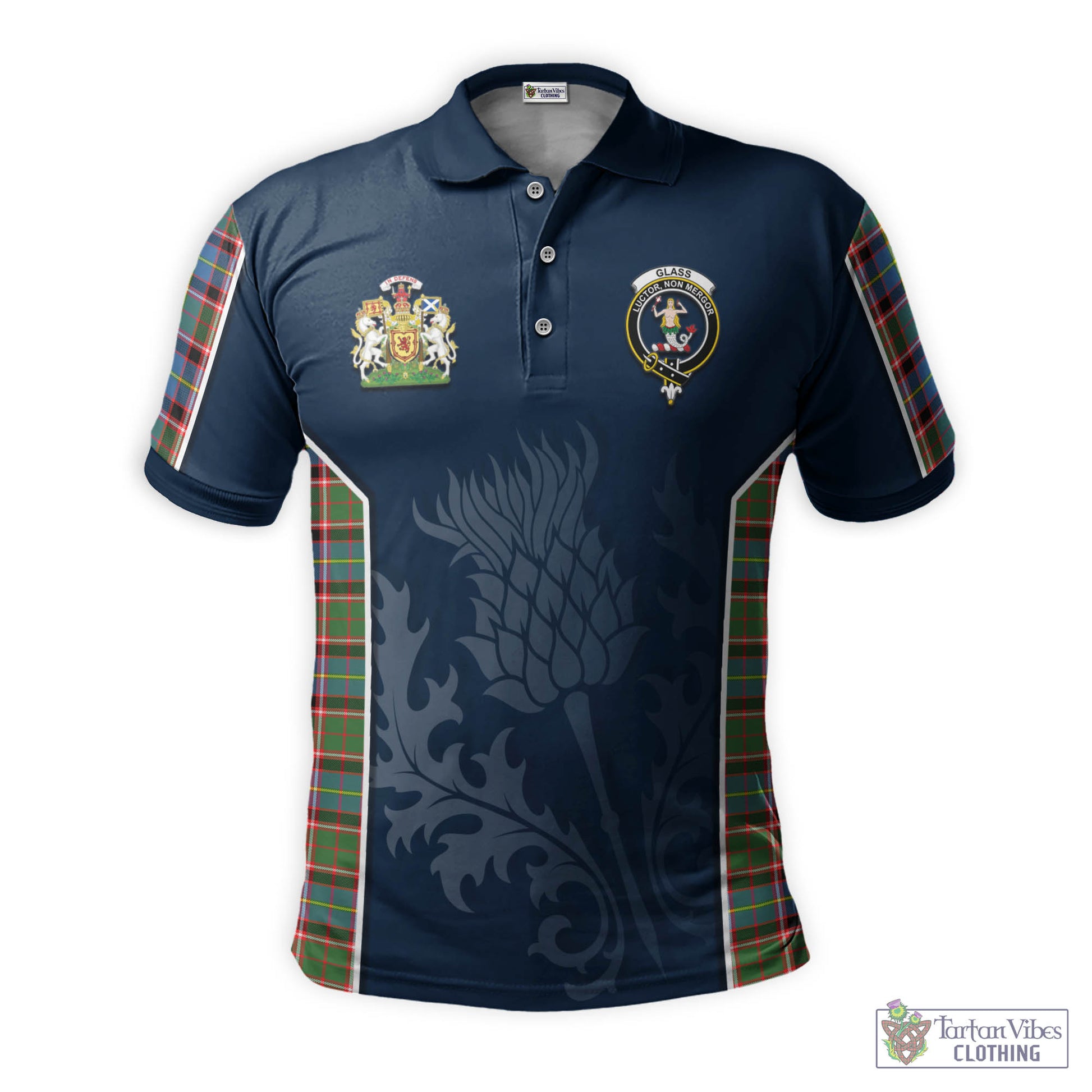 Tartan Vibes Clothing Glass Tartan Men's Polo Shirt with Family Crest and Scottish Thistle Vibes Sport Style