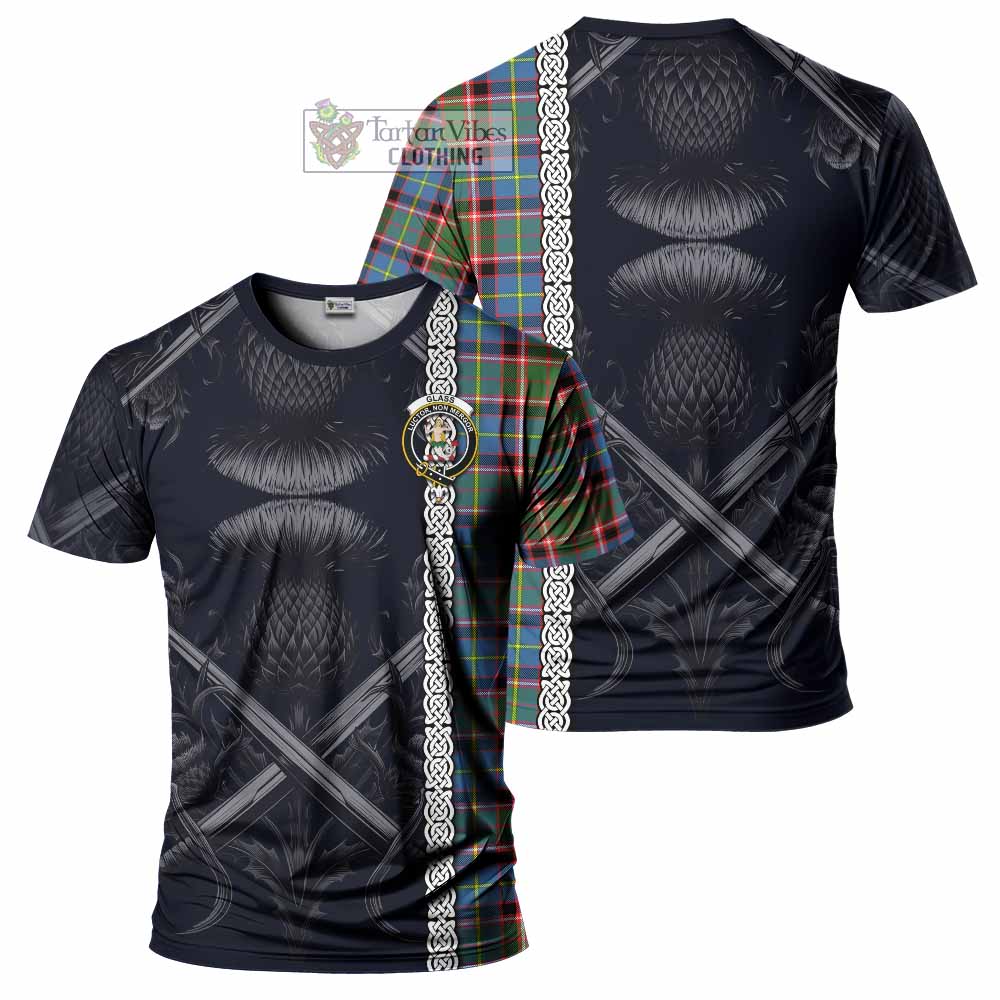 Glass Tartan T-Shirt with Family Crest Cross Sword Thistle Celtic Vibes - Tartan Vibes Clothing