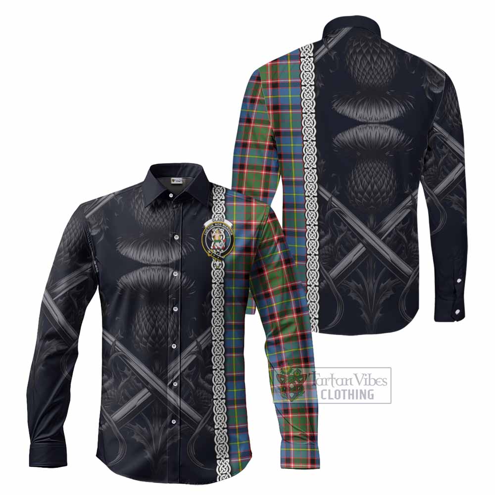 Tartan Vibes Clothing Glass Tartan Long Sleeve Button Shirt with Family Crest Cross Sword Thistle Celtic Vibes