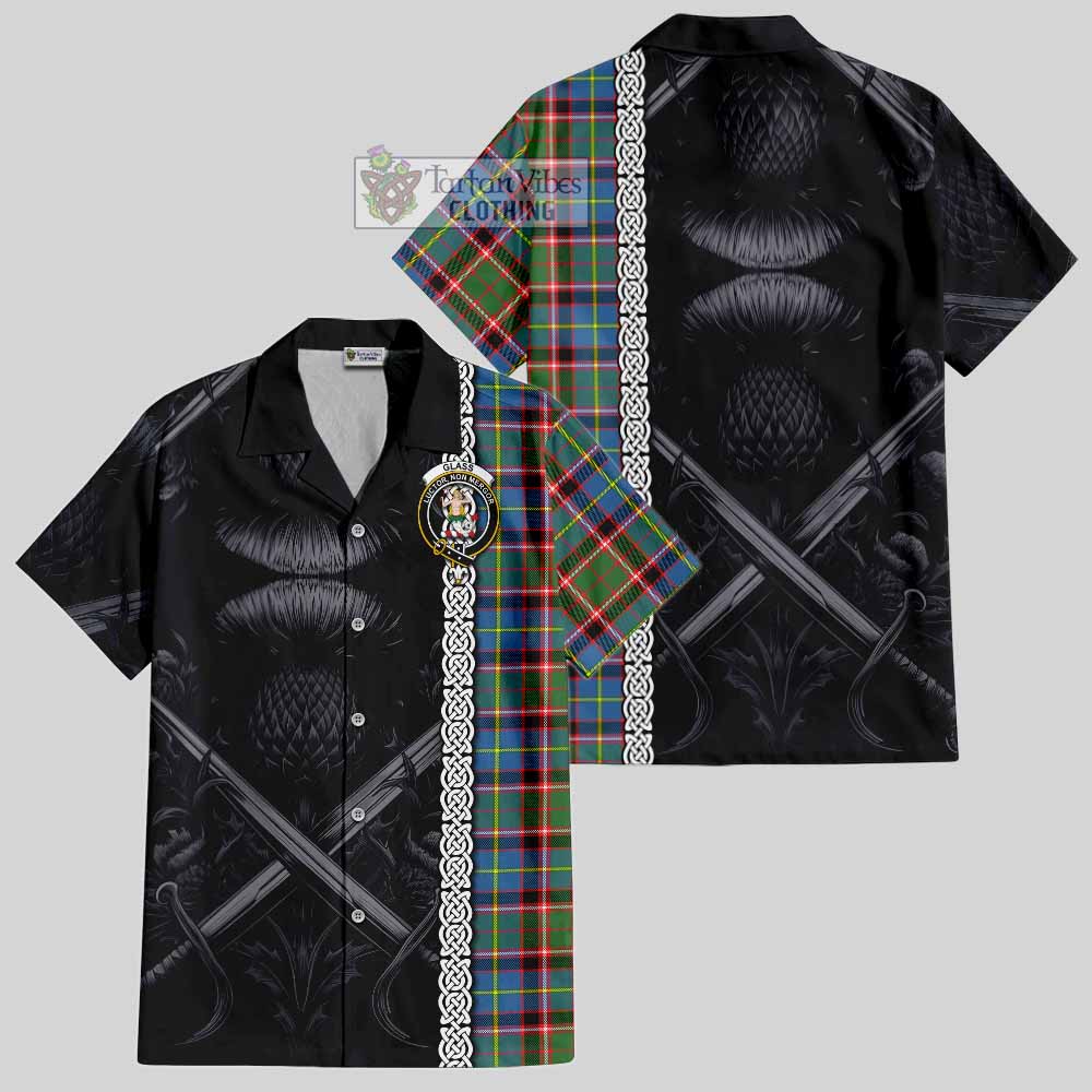 Glass Tartan Hawaiian Shirt with Family Crest Cross Sword Thistle Celtic Vibes - Tartan Vibes Clothing