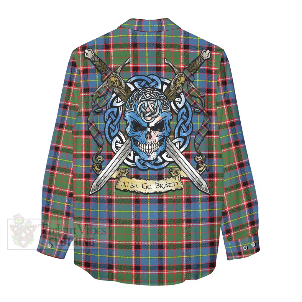 Glass Tartan Women's Casual Shirt with Family Crest Celtic Skull Style - Tartan Vibes Clothing