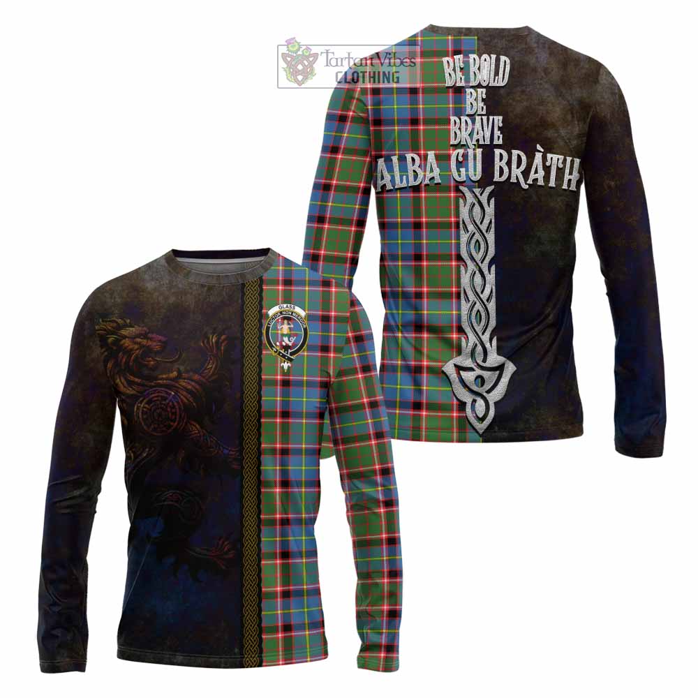 Tartan Vibes Clothing Glass Tartan Family Crest Long Sleeve T-Shirt Alba Gu Brath Be Brave Lion Ancient Style