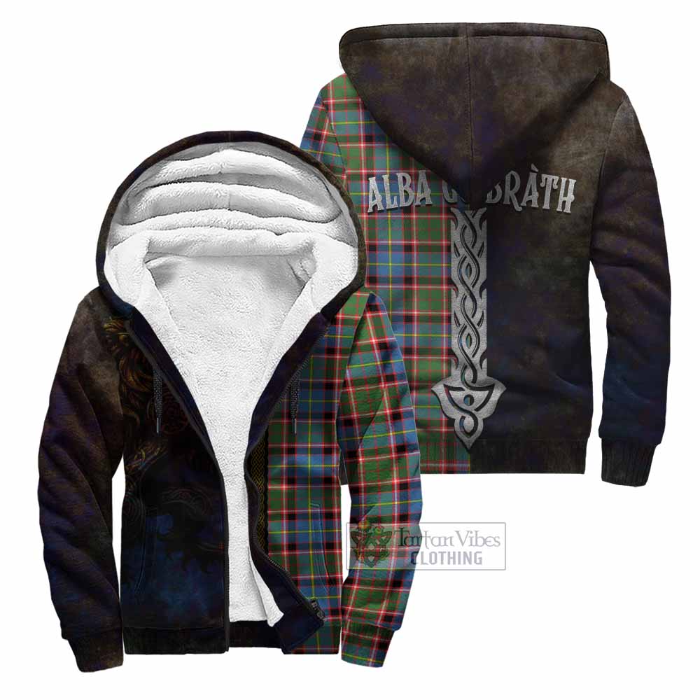 Tartan Vibes Clothing Glass Tartan Family Crest Sherpa Hoodie Alba Gu Brath Be Brave Lion Ancient Style