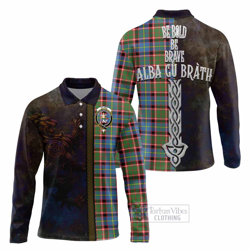Tartan Vibes Clothing Glass Tartan Family Crest Long Sleeve Polo Shirt Alba Gu Brath Be Brave Lion Ancient Style