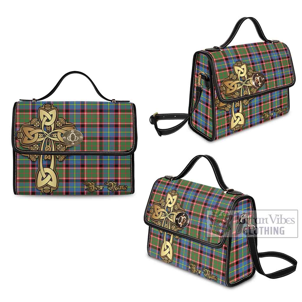 Tartan Vibes Clothing Glass Tartan Waterproof Canvas Bag Golden Thistle Celtic Cross Style
