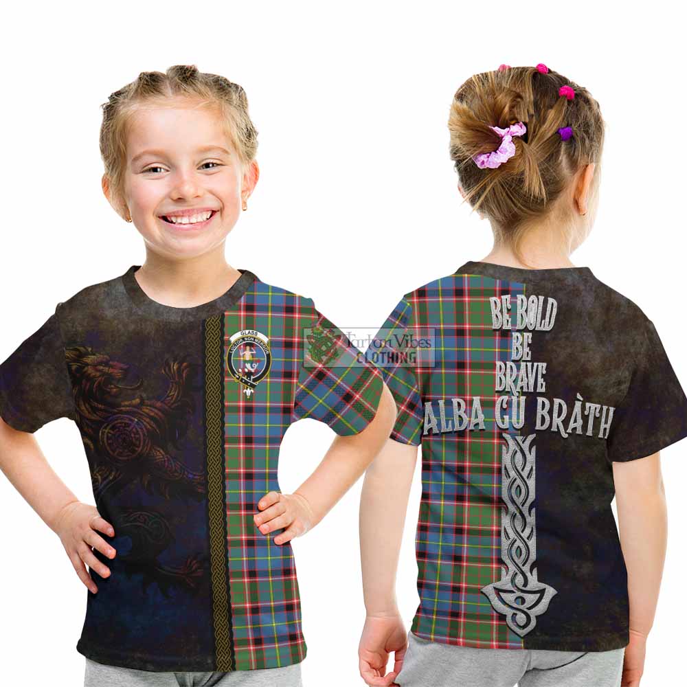 Tartan Vibes Clothing Glass Tartan Family Crest Kid T-Shirt Alba Gu Brath Be Brave Lion Ancient Style