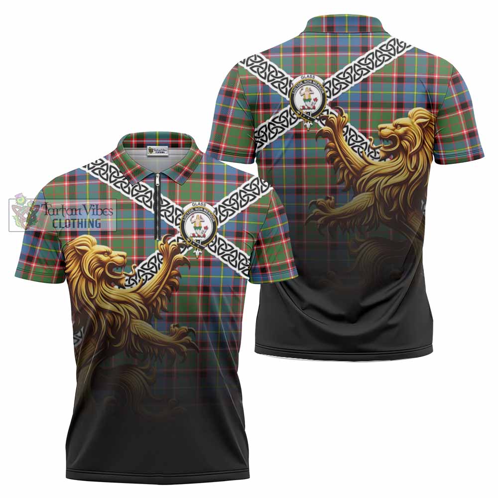 Glass Crest Tartan Zipper Polo Shirt with Golden Lion Emblem Celtic Style - Tartan Vibes Clothing