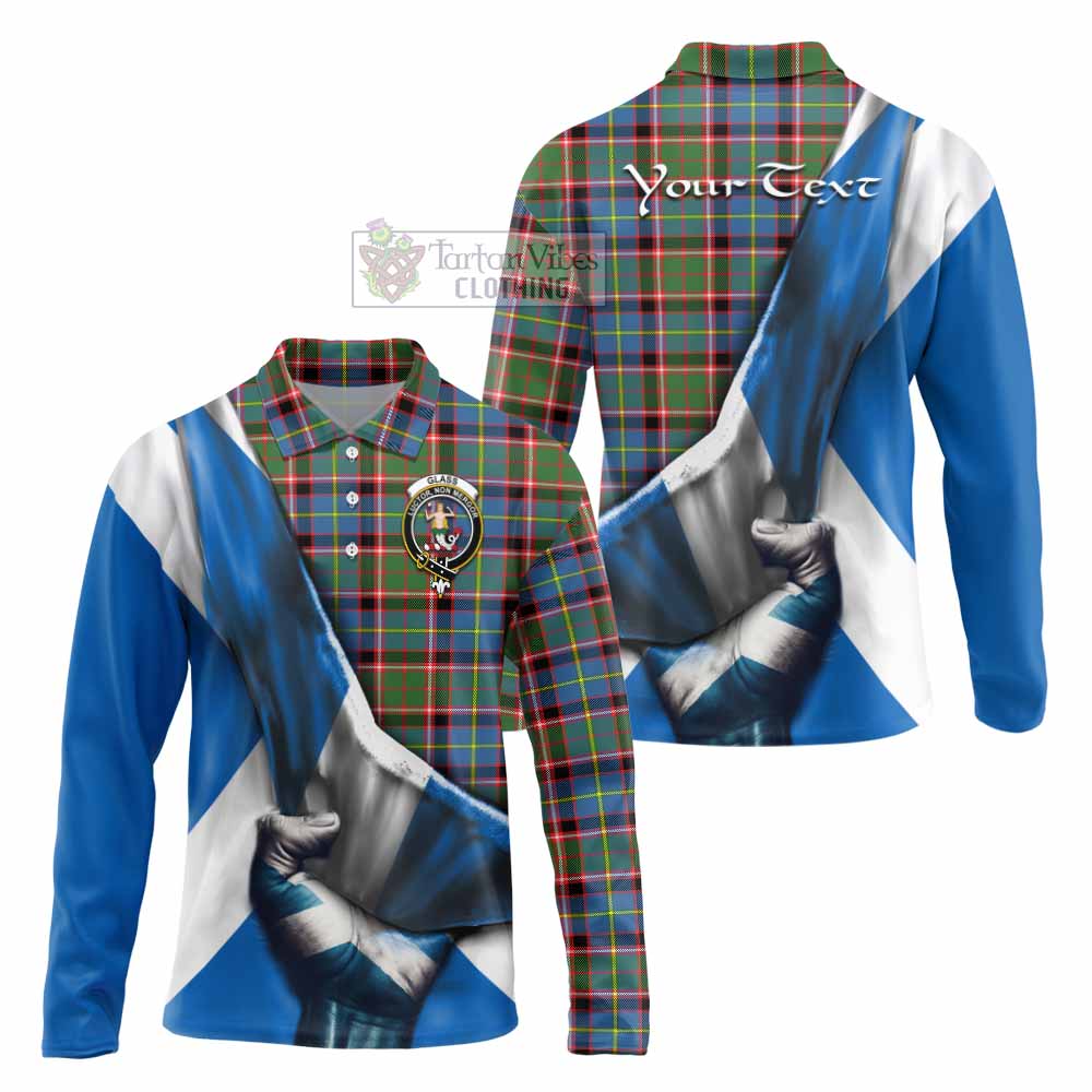 Tartan Vibes Clothing Glass Tartan Long Sleeve Polo Shirt with Family Crest Scotland Patriotic Style